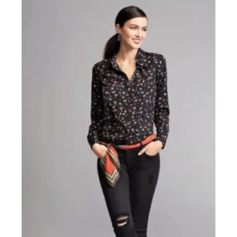 CAbi Ferris Top Blouse Large Black Multi Color Rainbow Printed Button Down 3423